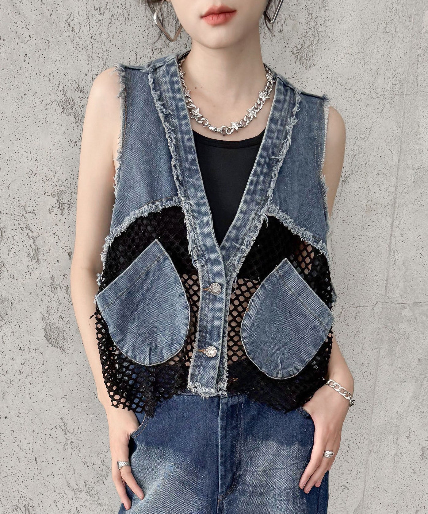 mesh denim vest