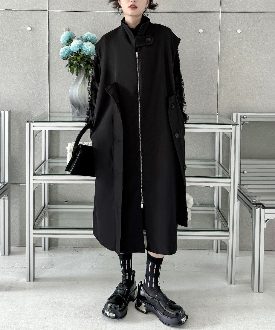 Stand collar zip long vest