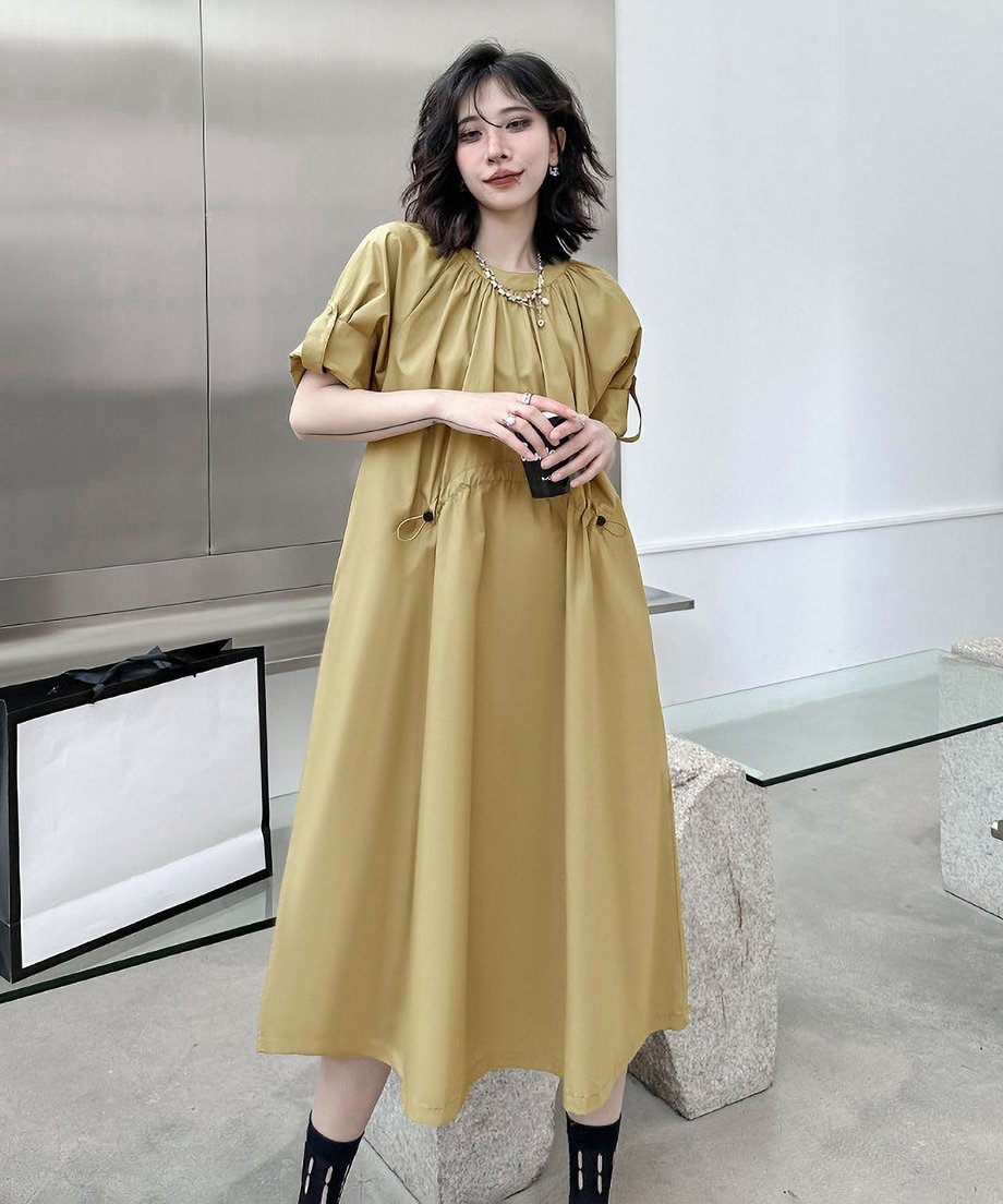 Rolled Sleeve Lace-Up Dress