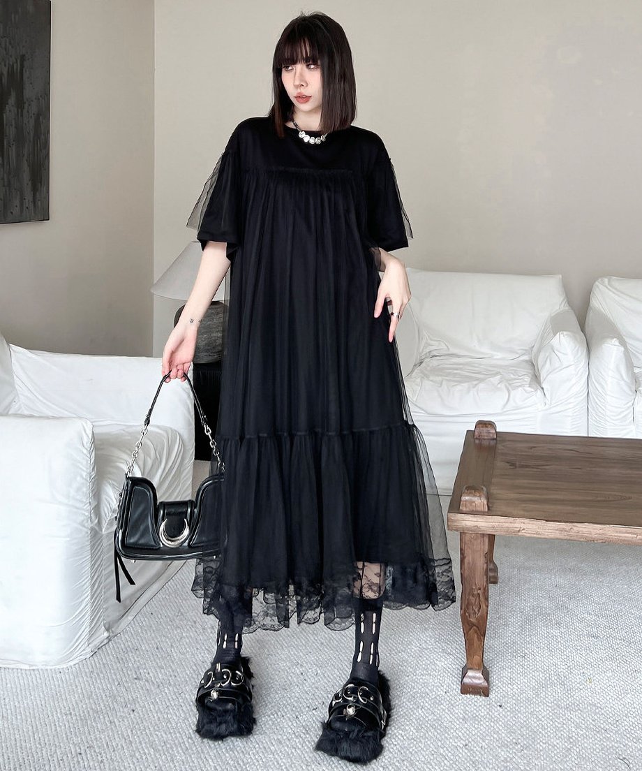 Mesh layered flared dress