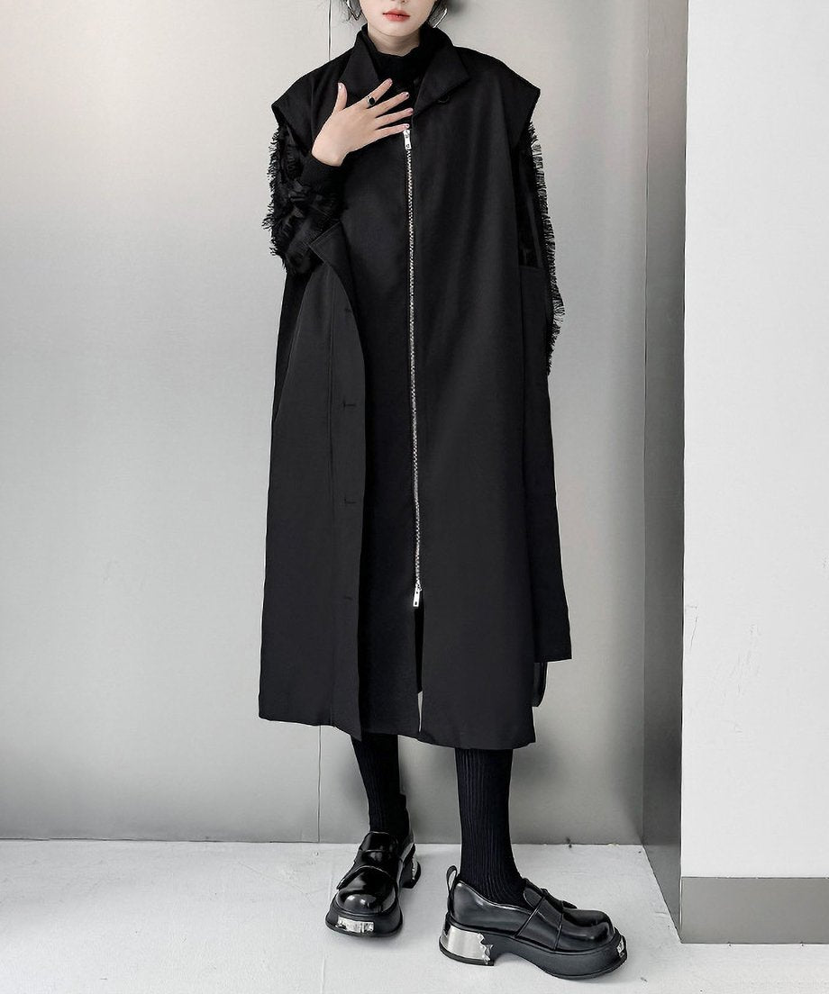 Stand collar zip long vest
