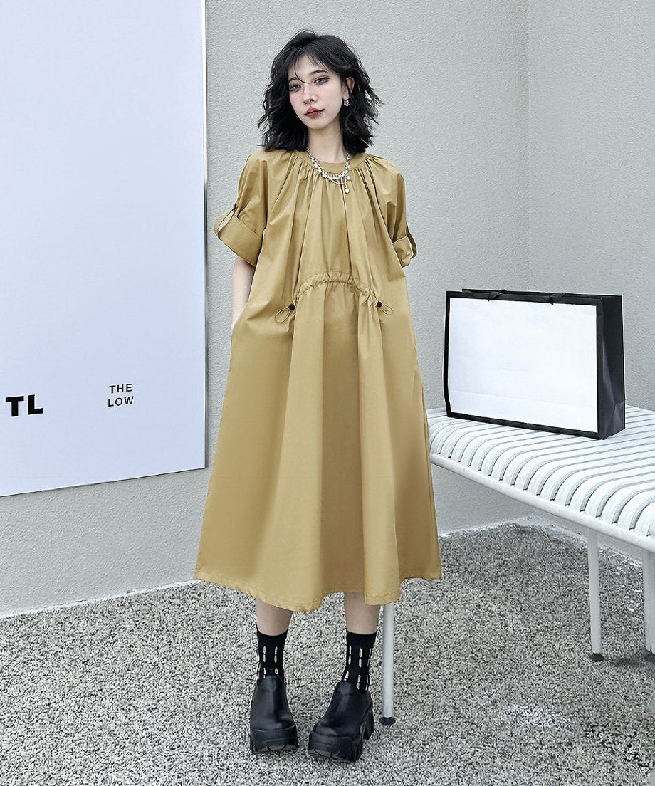 Rolled Sleeve Lace-Up Dress