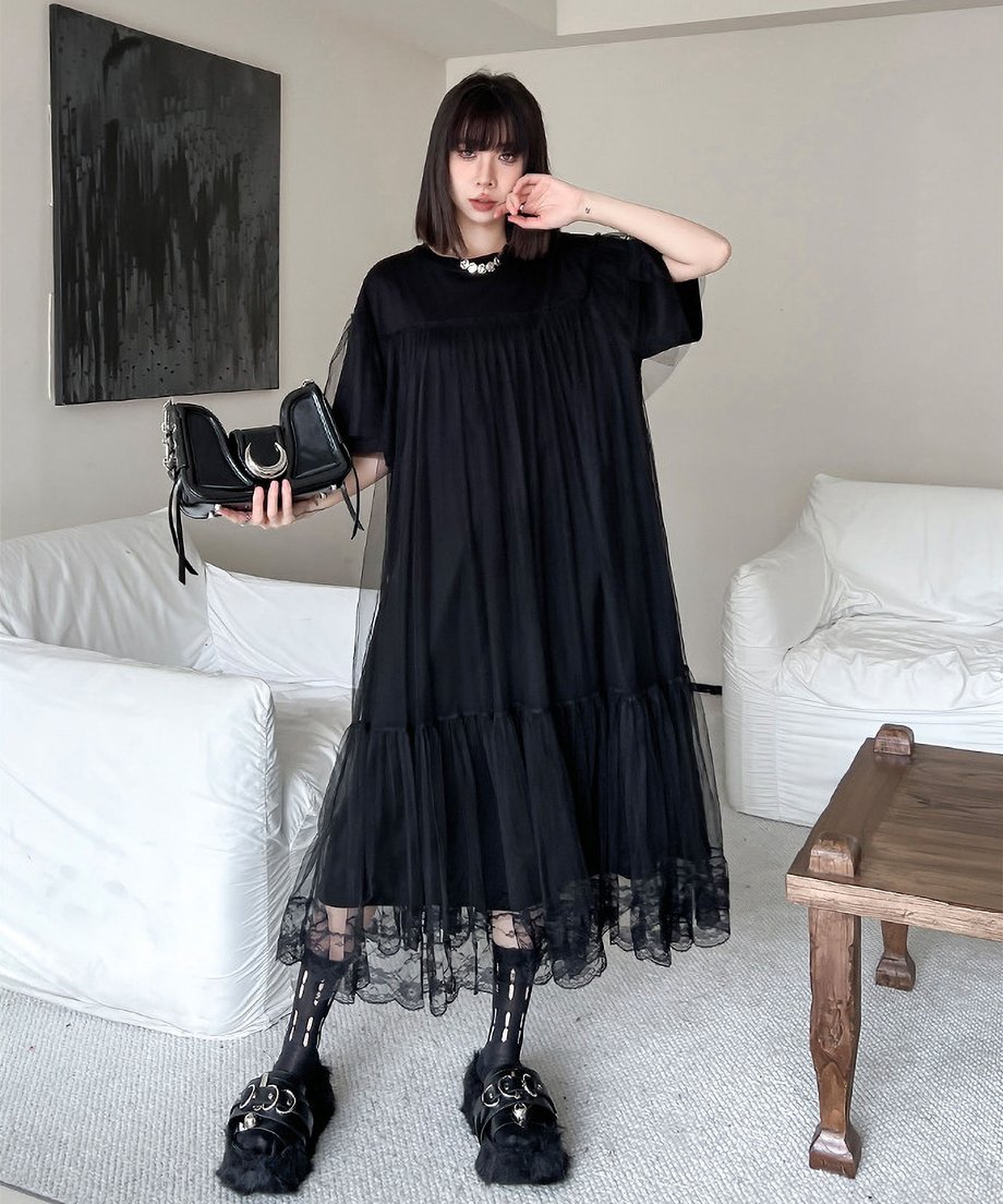 Mesh layered flared dress