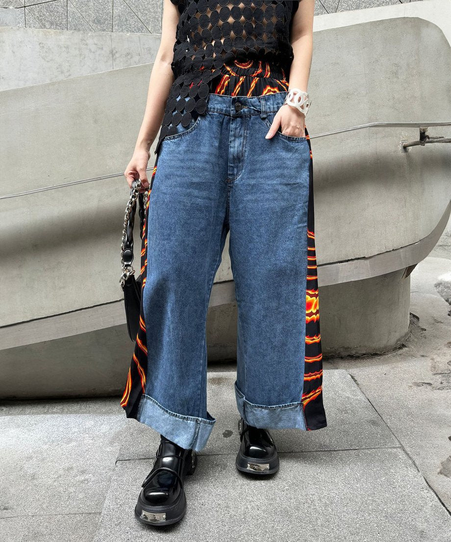 Side pleated denim pants