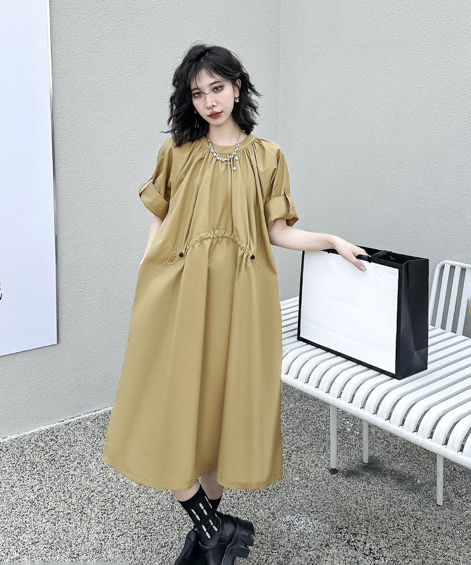 Rolled Sleeve Lace-Up Dress