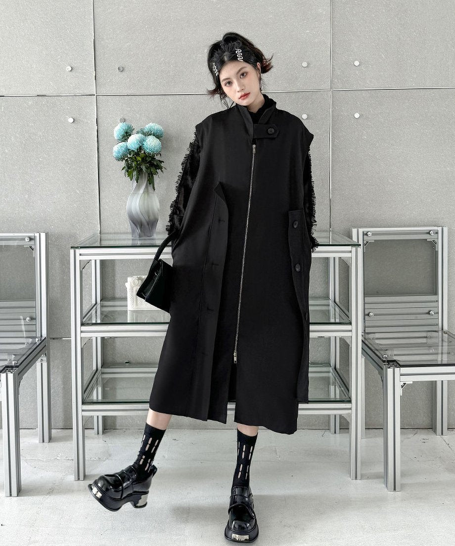 Stand collar zip long vest