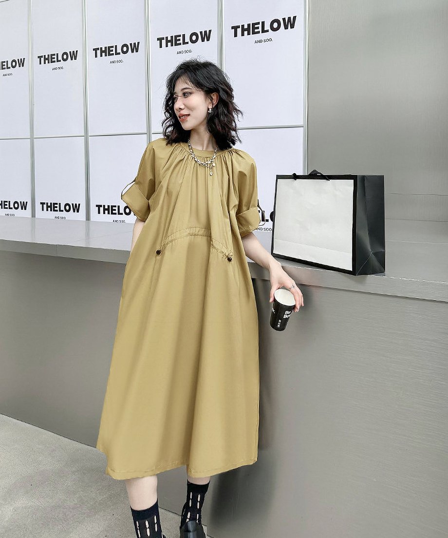 Rolled Sleeve Lace-Up Dress