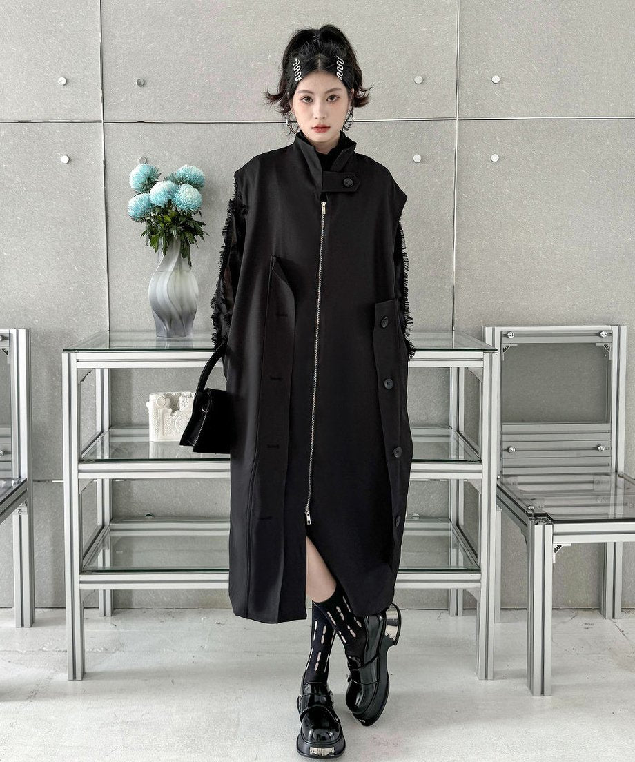 Stand collar zip long vest