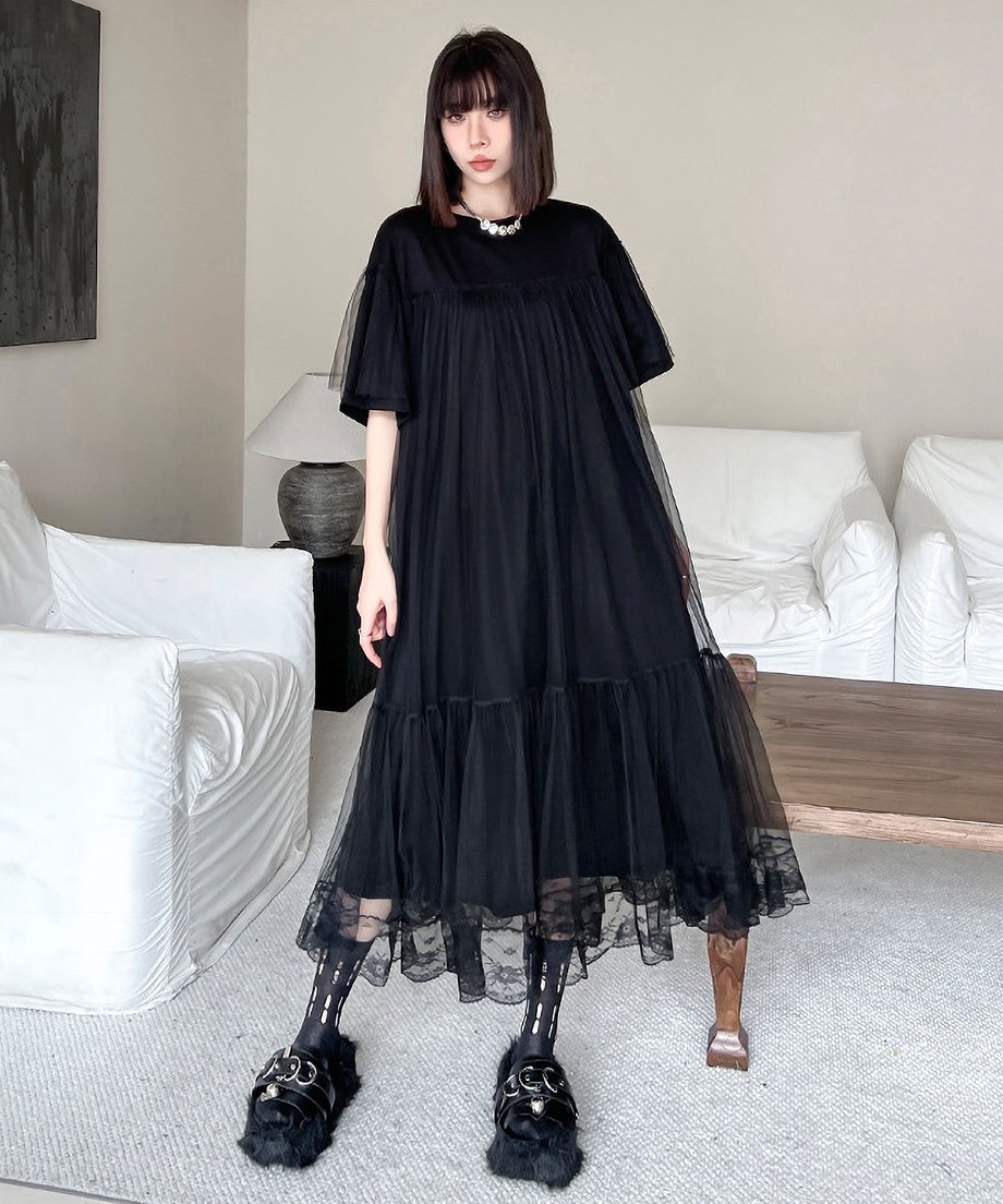 Mesh layered flared dress