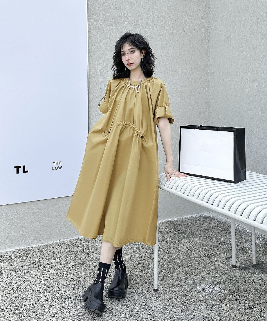 Rolled Sleeve Lace-Up Dress