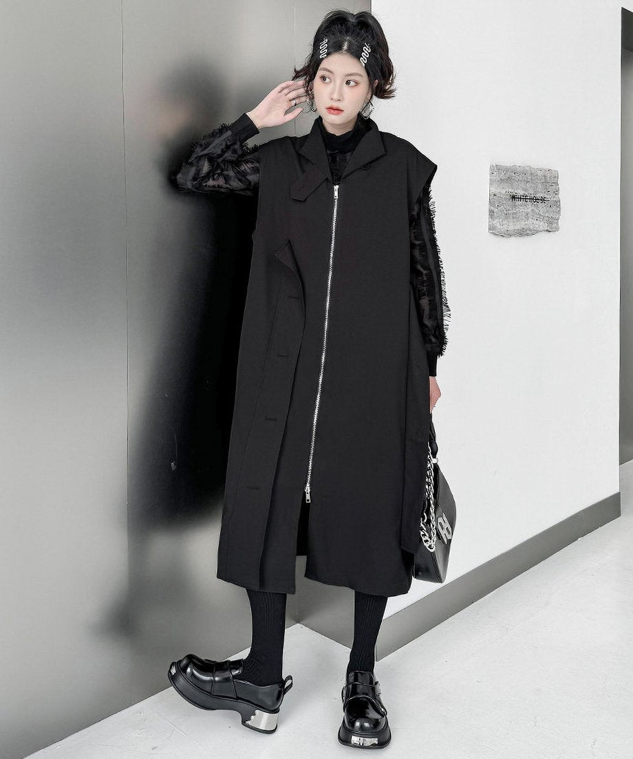 Stand collar zip long vest