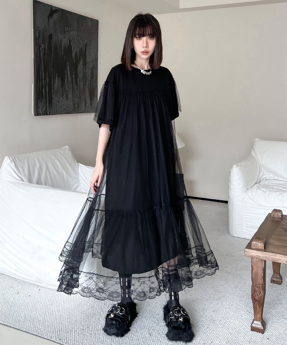 Mesh layered flared dress