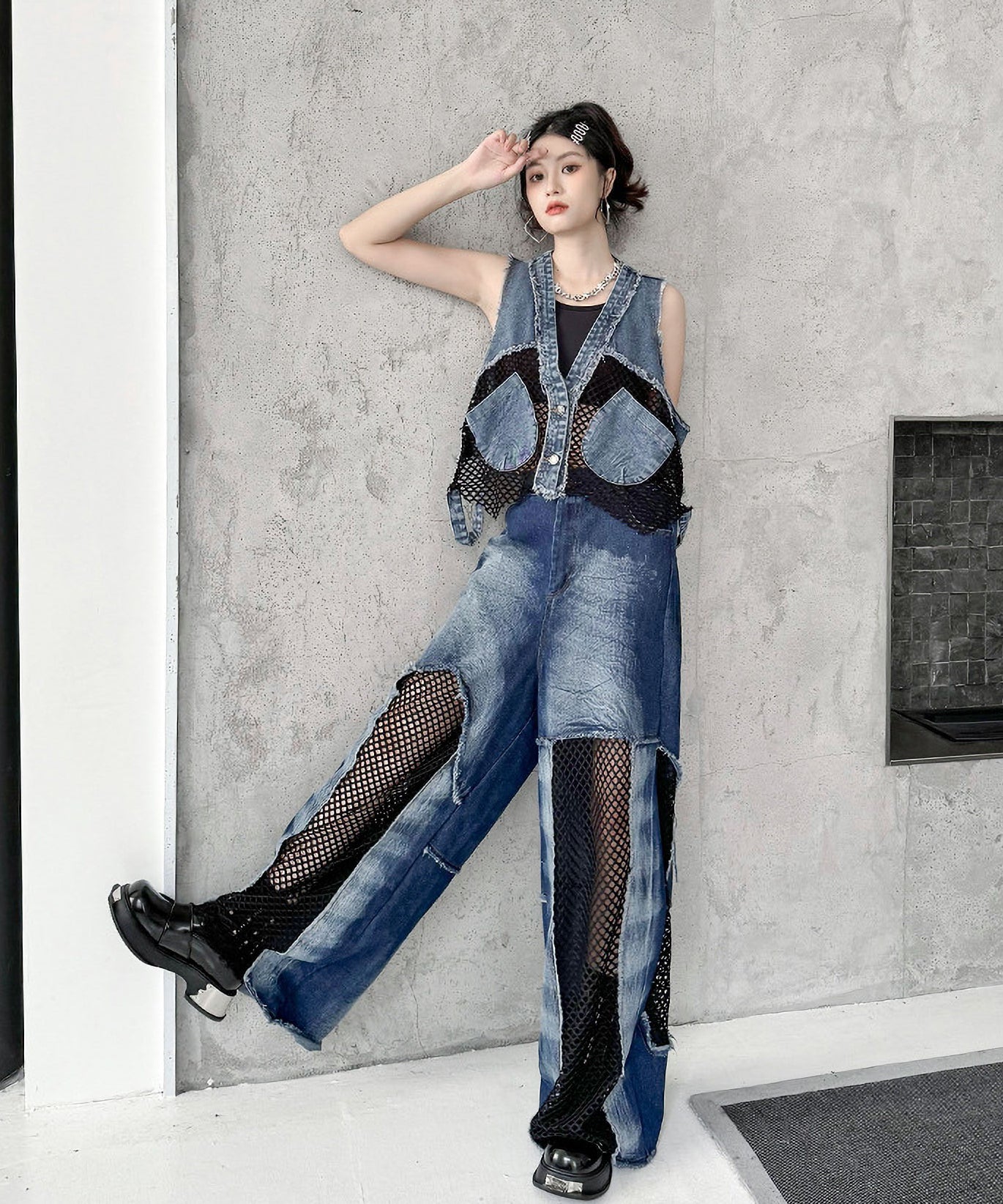 Mesh denim pants