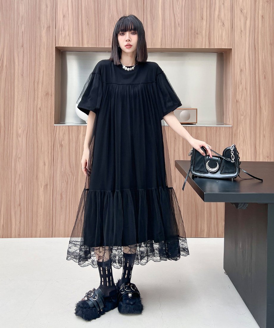 Mesh layered flared dress