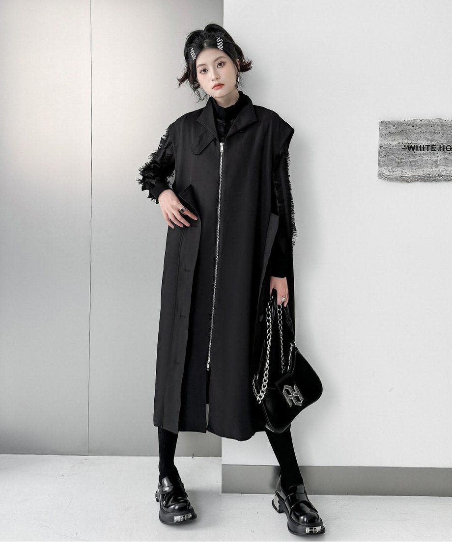 Stand collar zip long vest