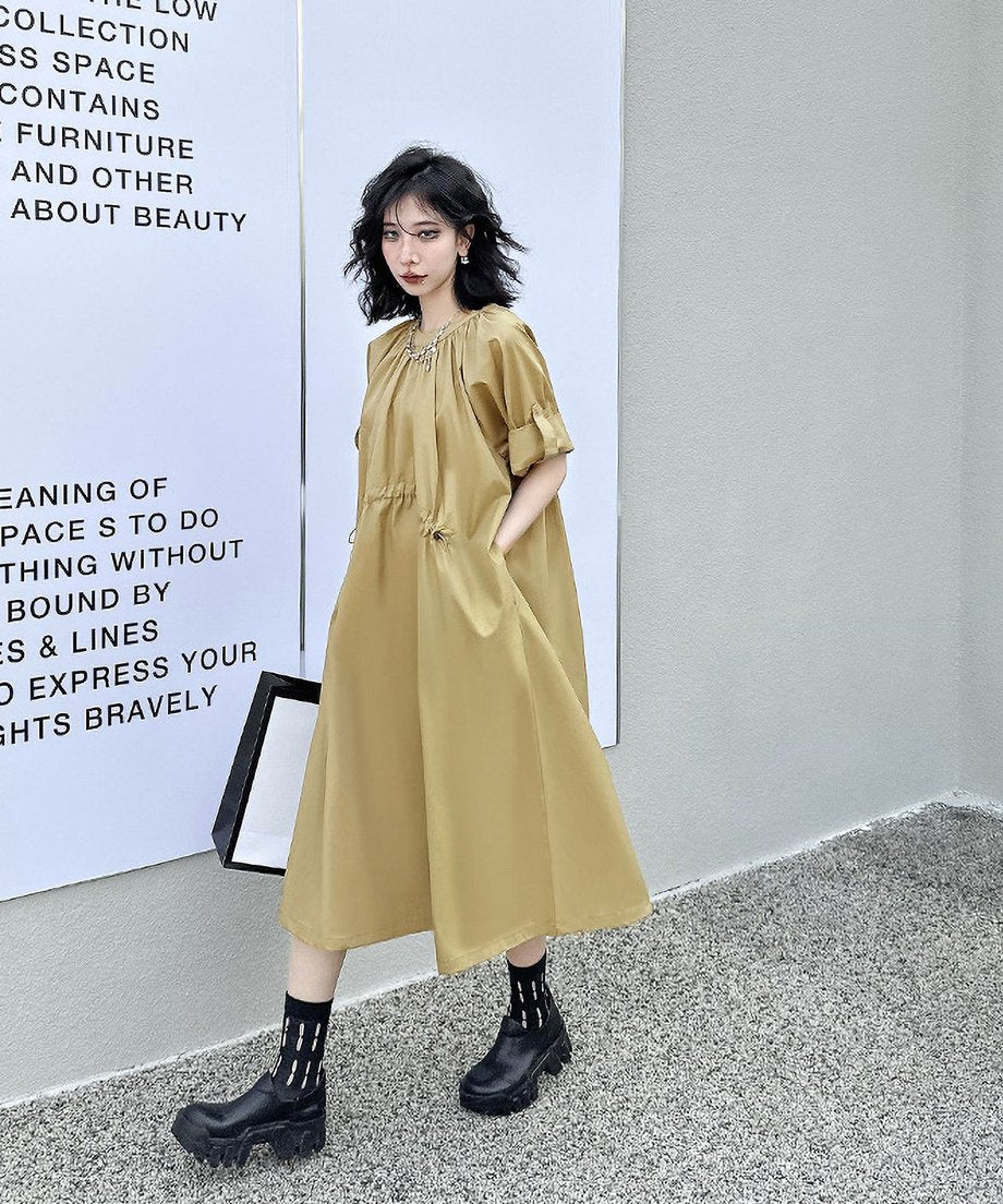 Rolled Sleeve Lace-Up Dress