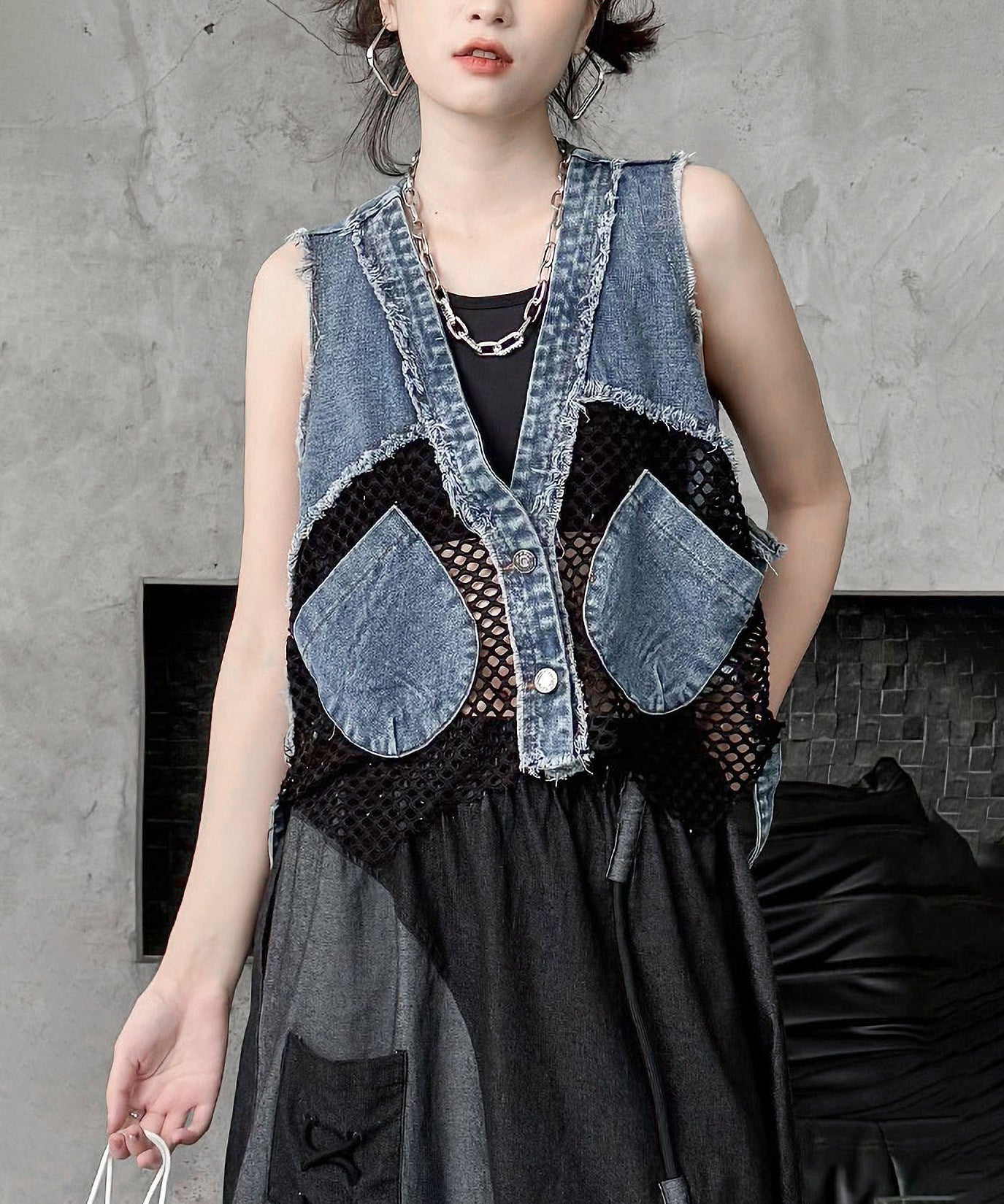 mesh denim vest