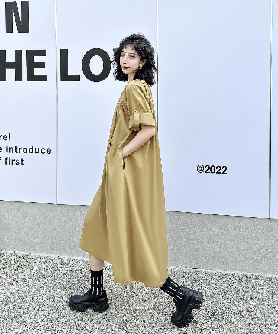 Rolled Sleeve Lace-Up Dress