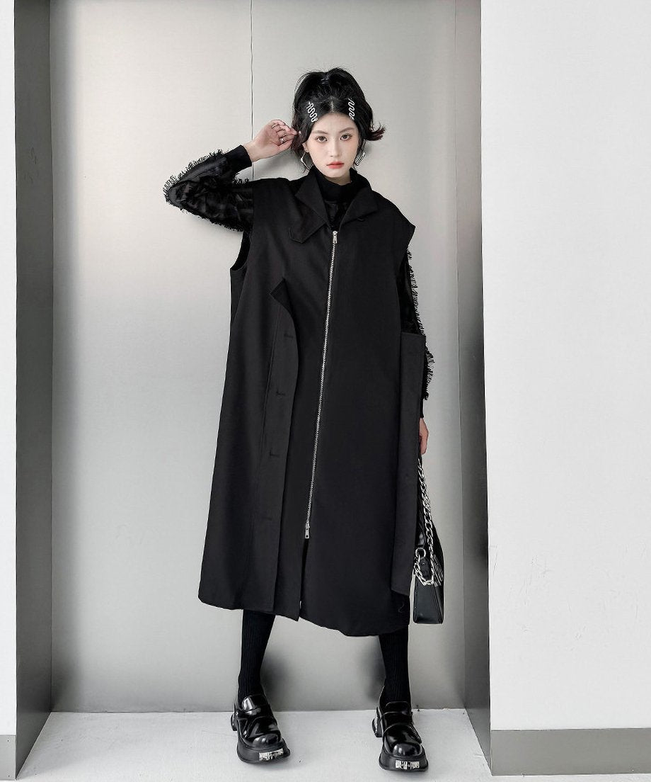 Stand collar zip long vest