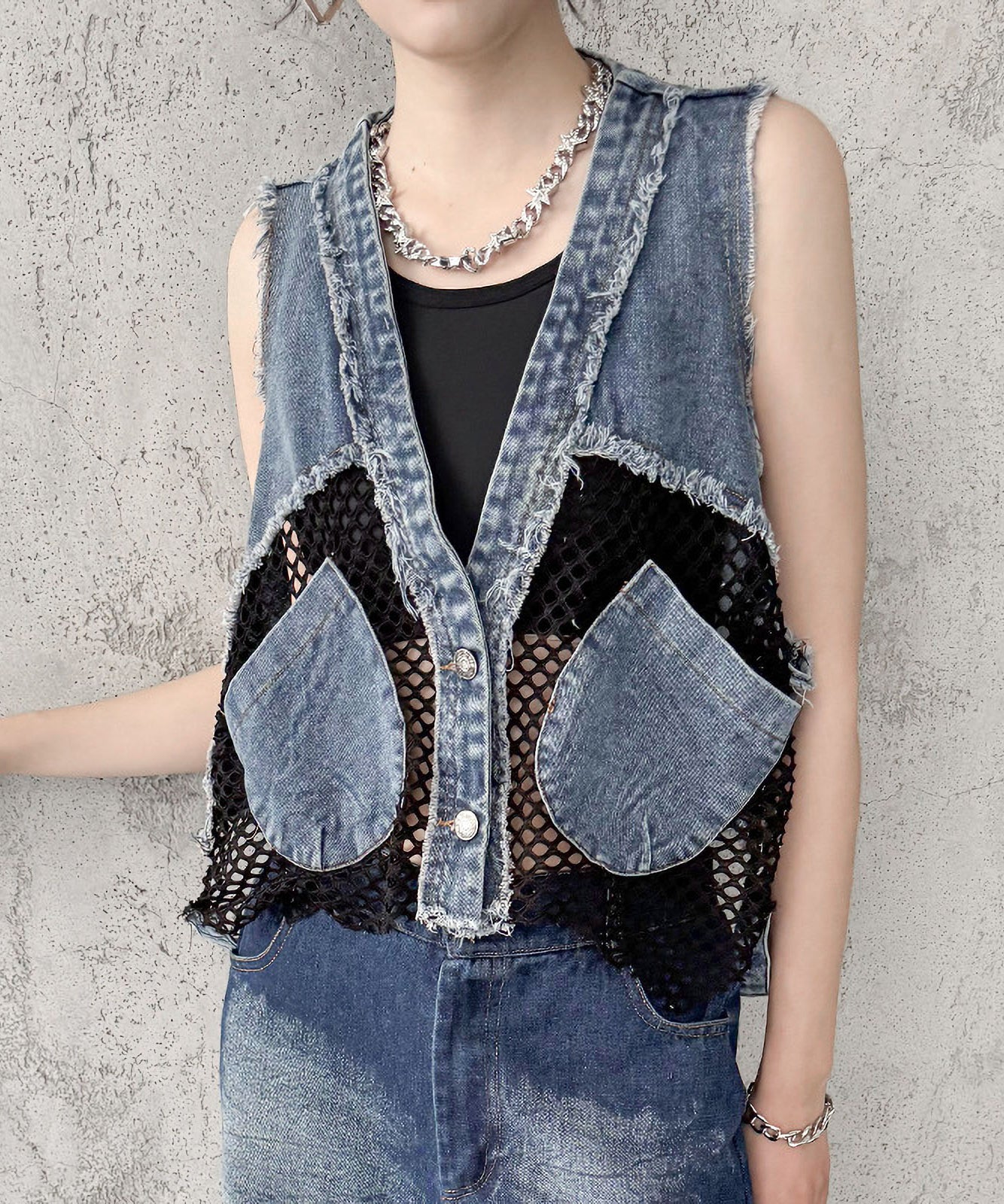 mesh denim vest