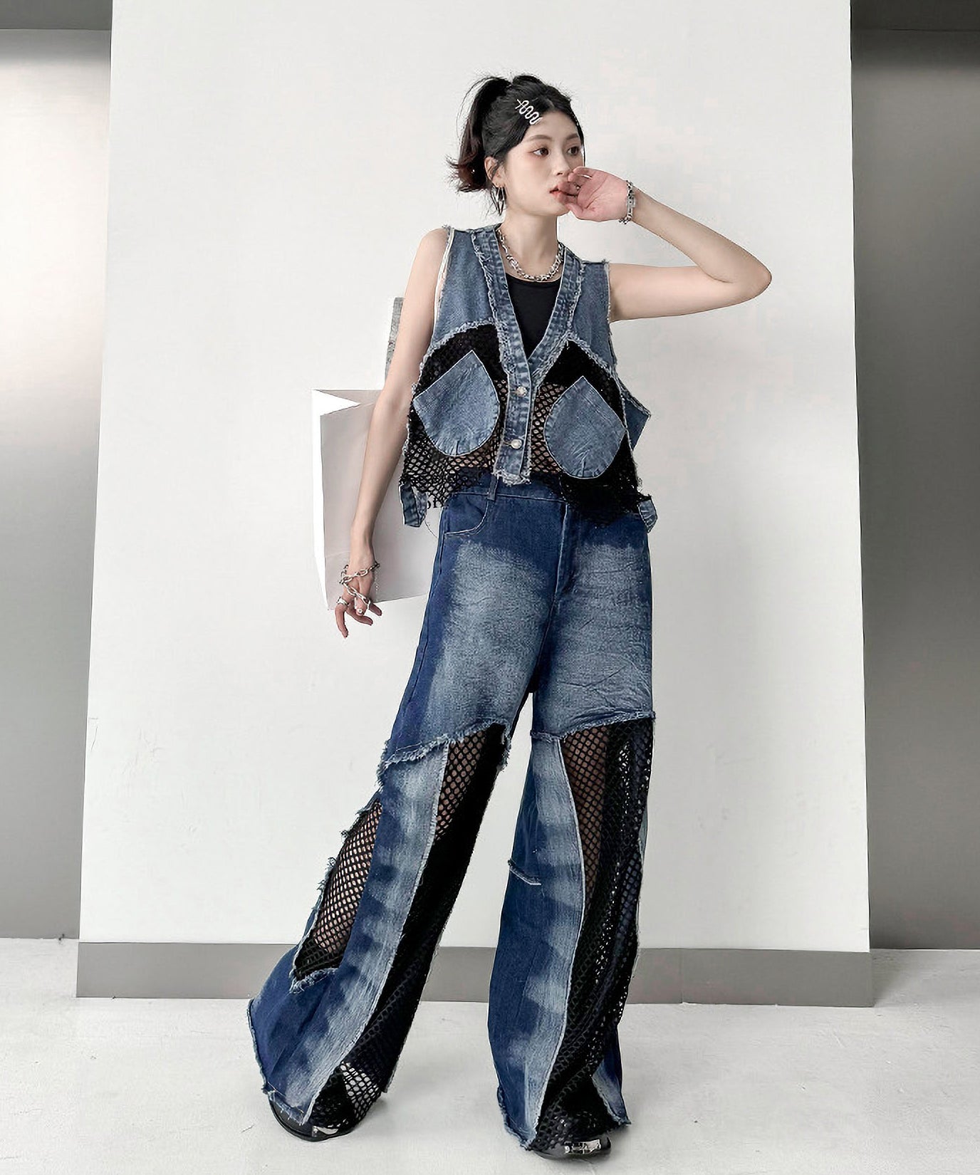 mesh denim vest