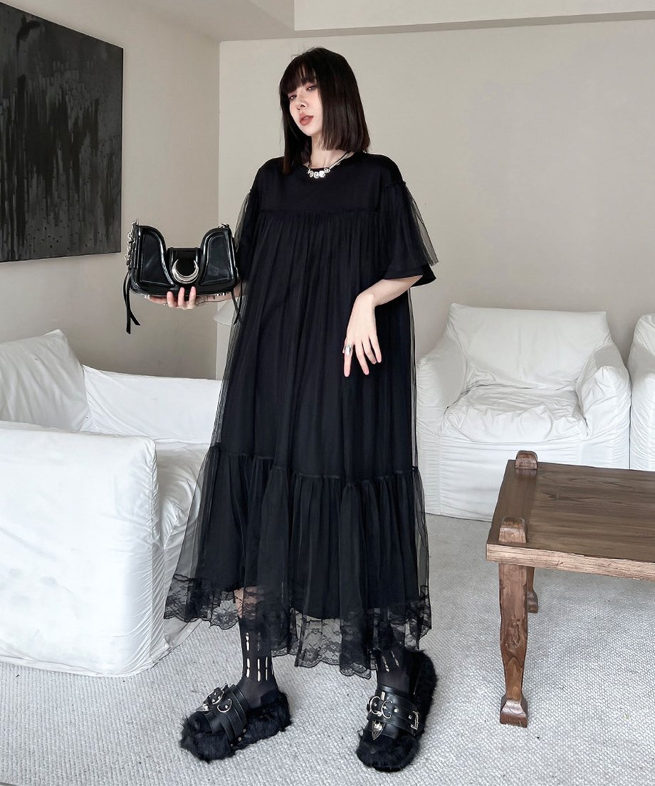 Mesh layered flared dress