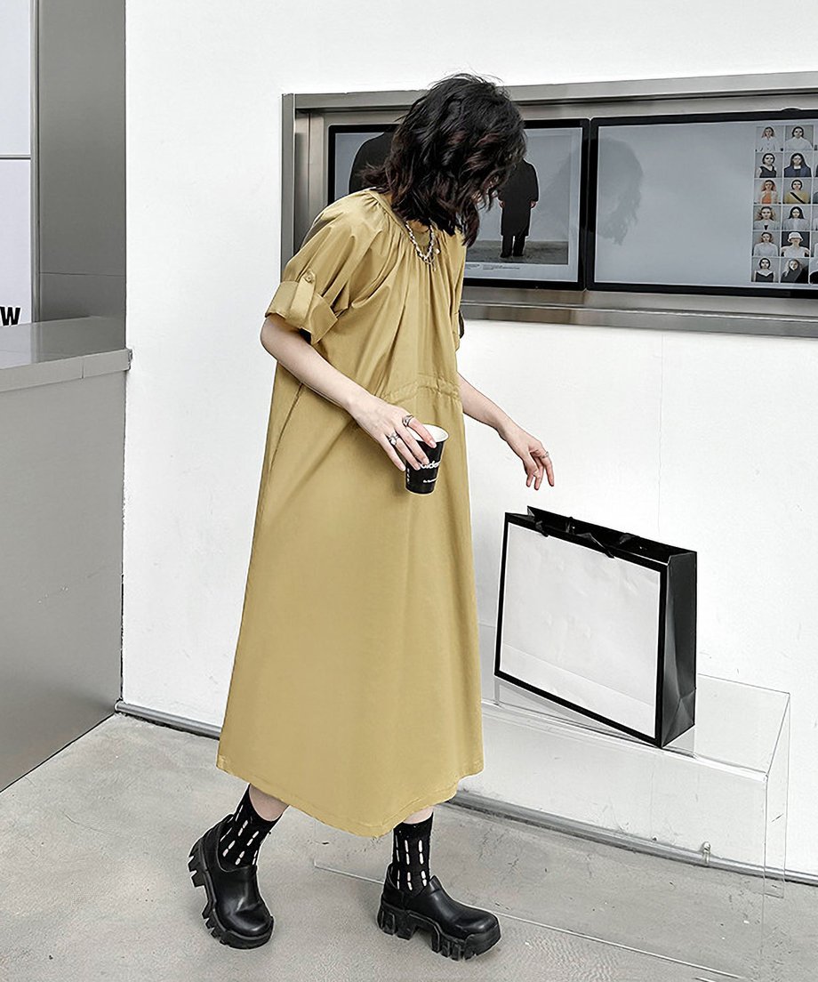 Rolled Sleeve Lace-Up Dress