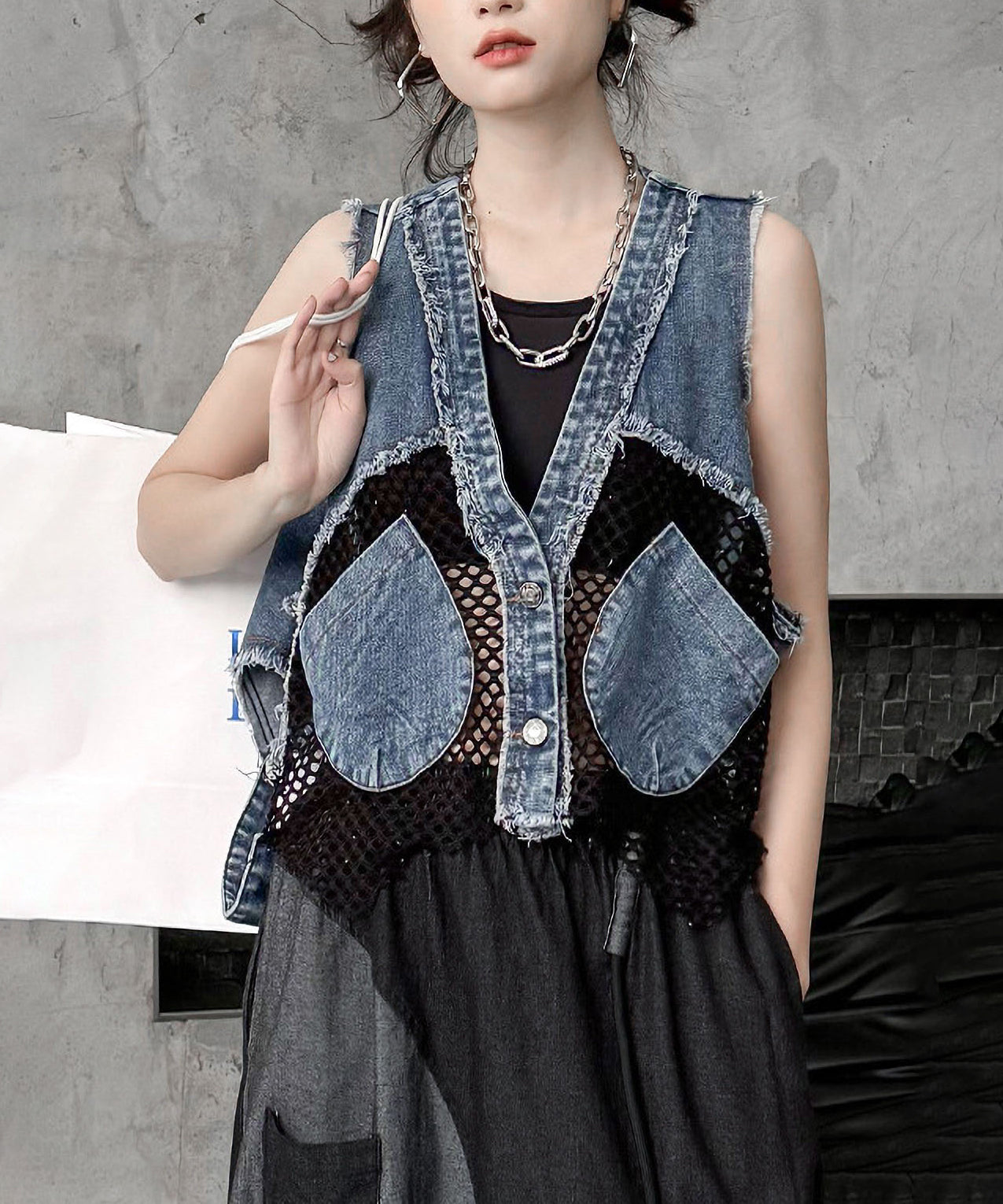 mesh denim vest