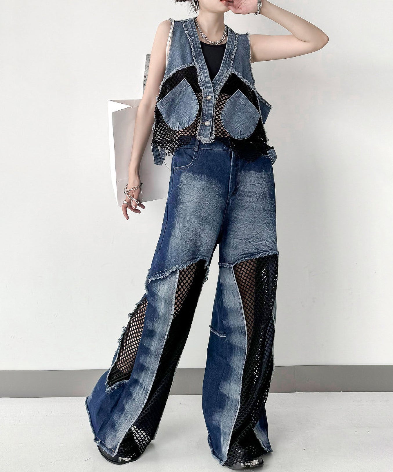 Mesh denim pants