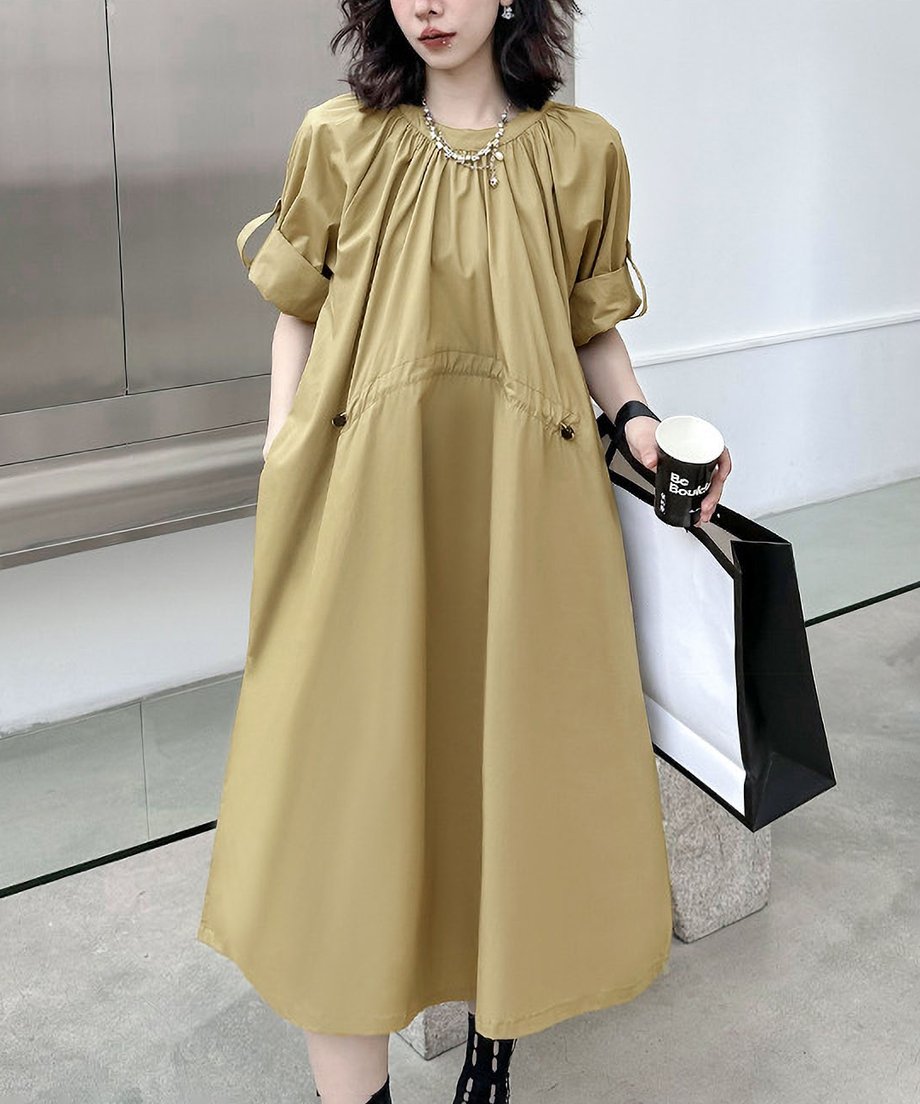 Rolled Sleeve Lace-Up Dress
