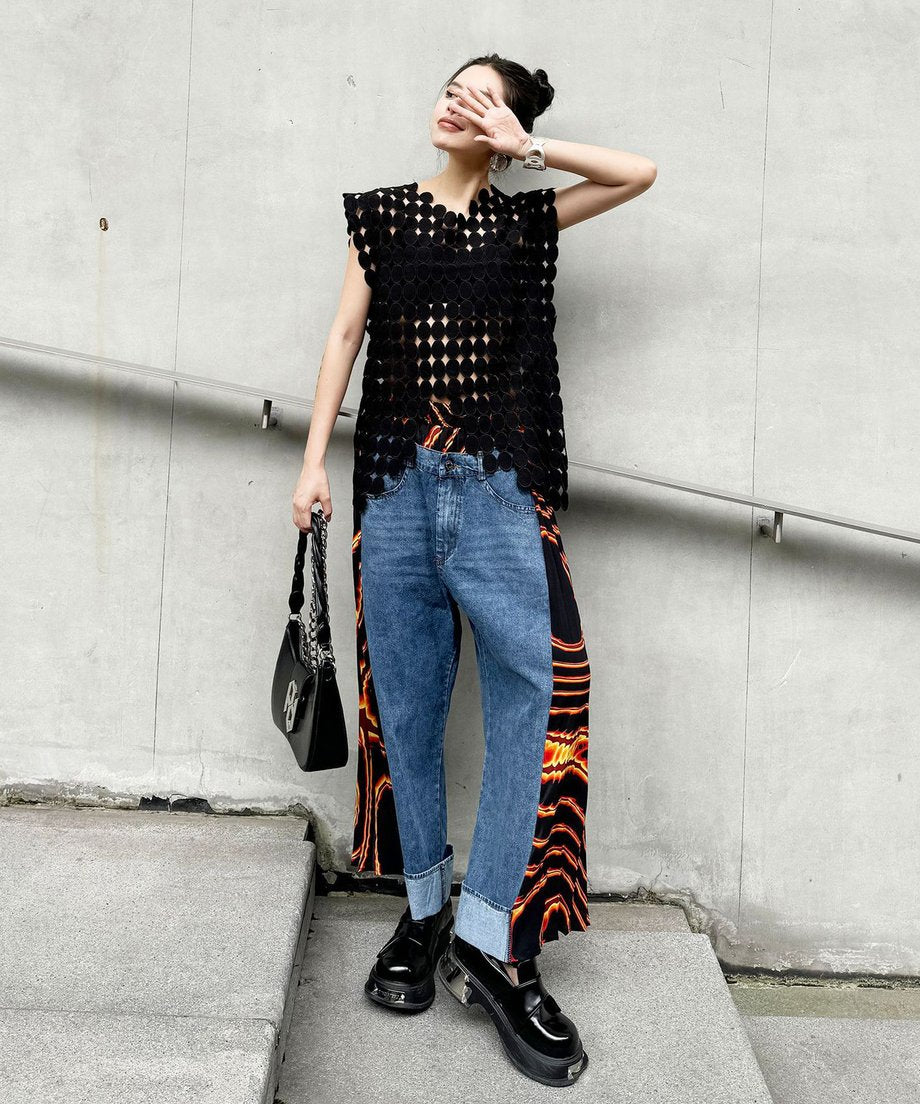 Side pleated denim pants