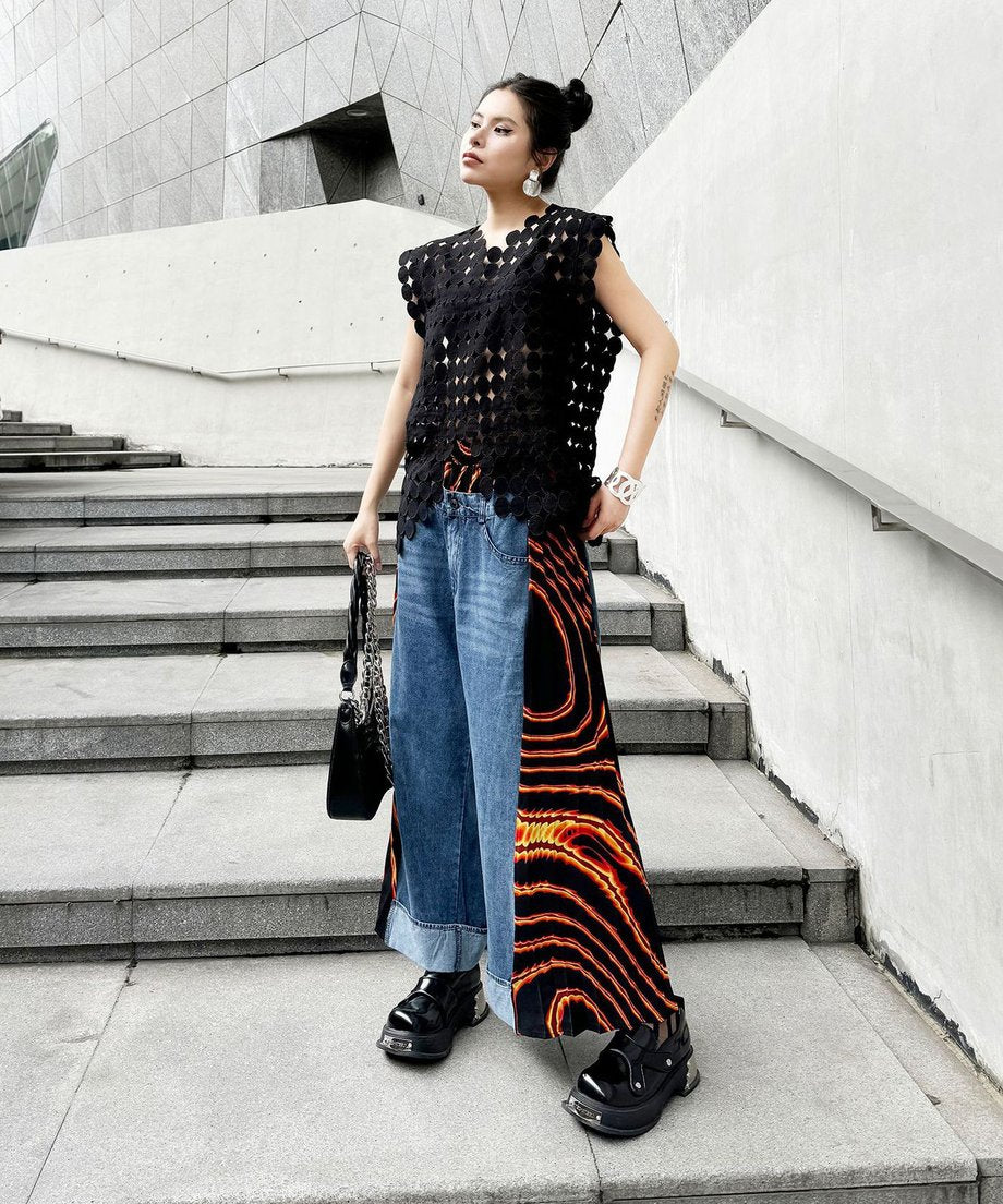 Side pleated denim pants