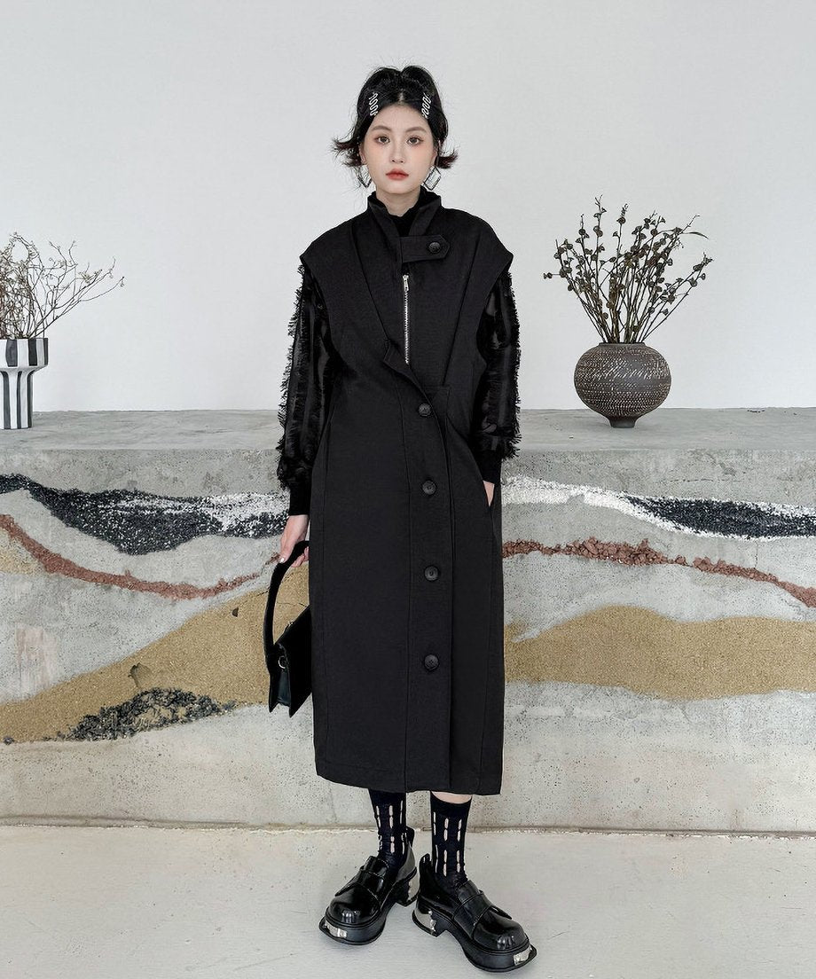 Stand collar zip long vest