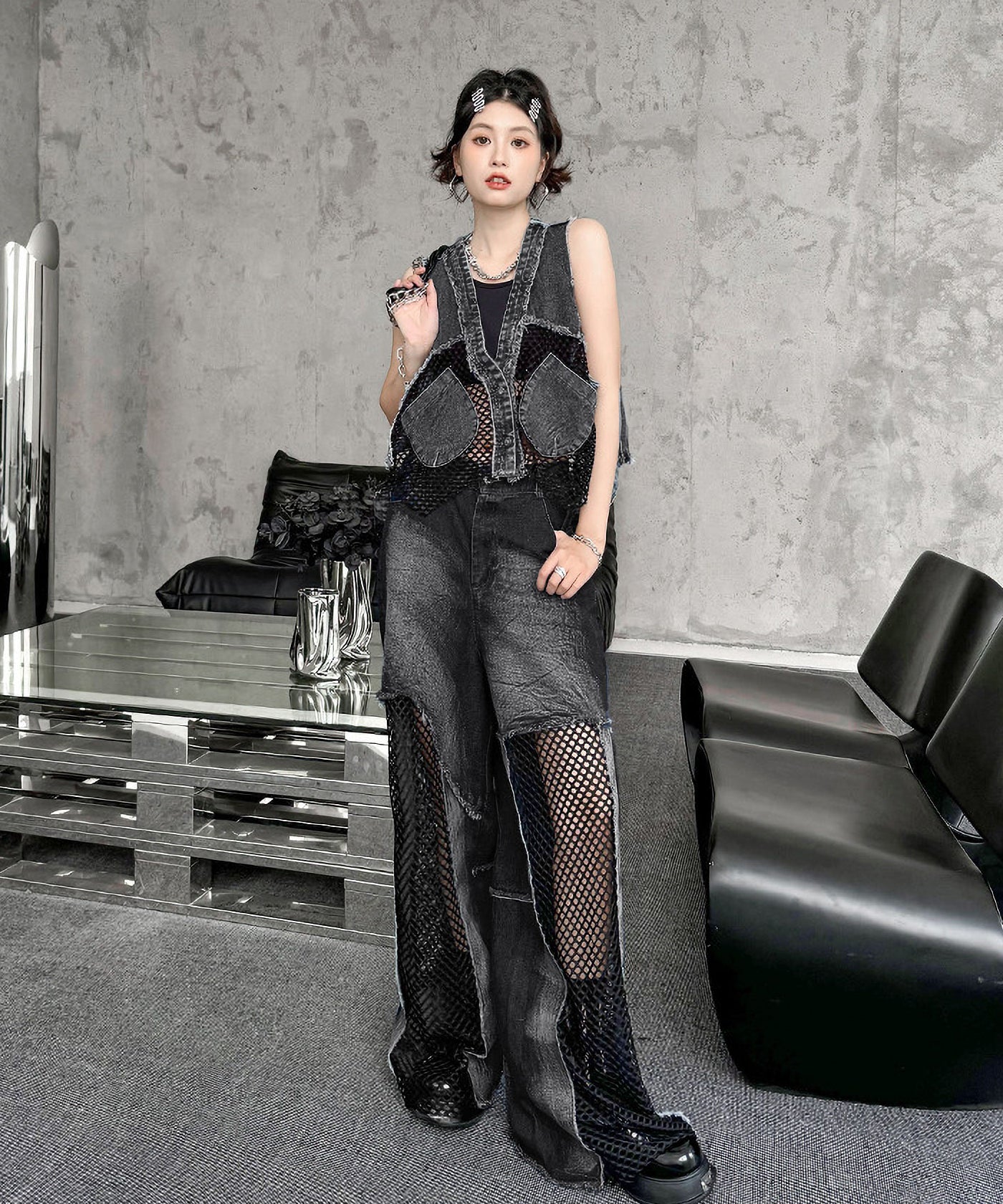 Mesh denim pants