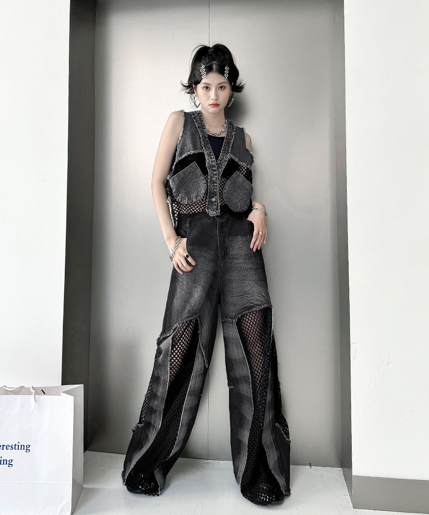 mesh denim vest