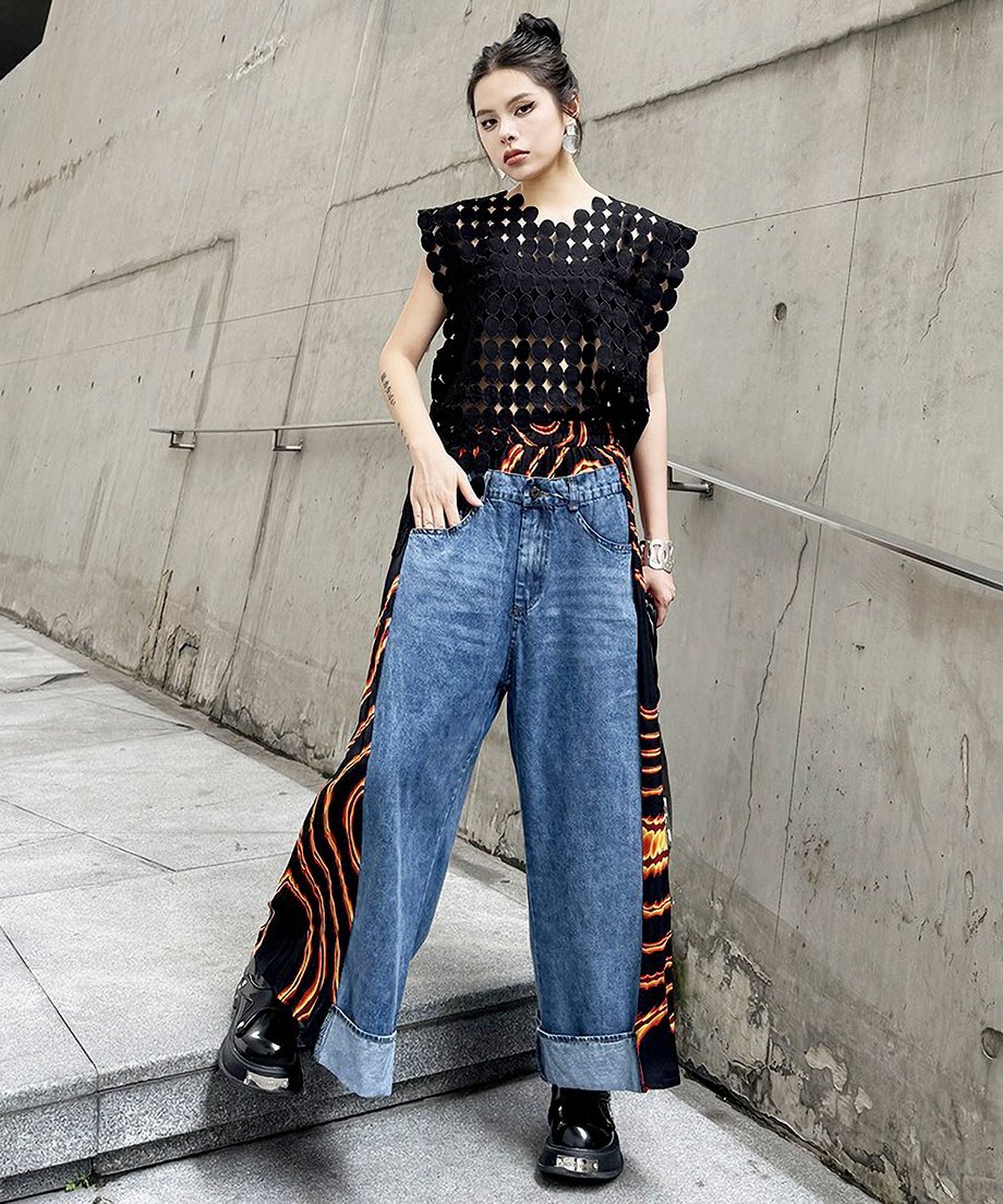 Side pleated denim pants