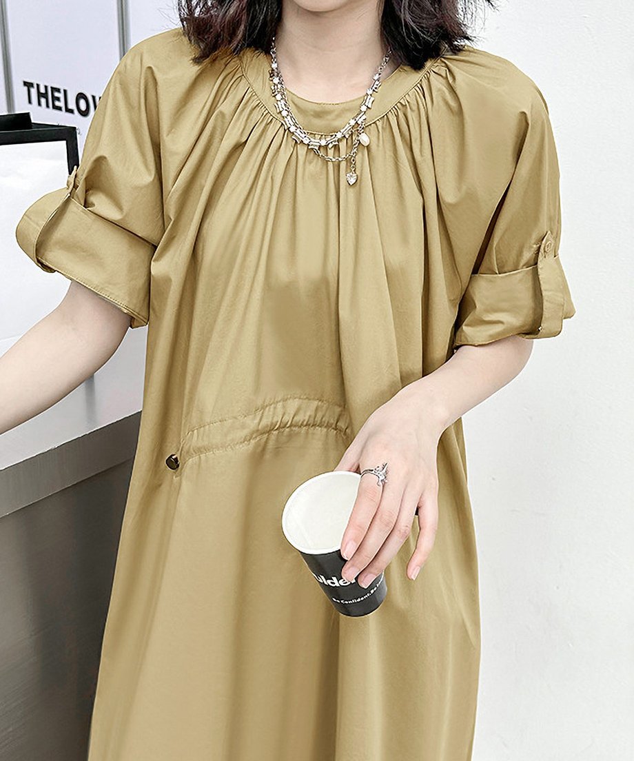 Rolled Sleeve Lace-Up Dress