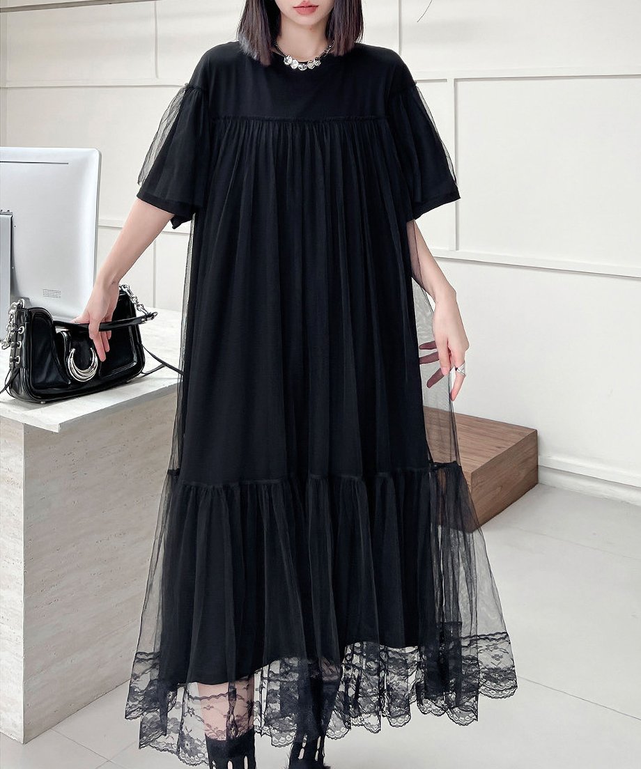 Mesh layered flared dress