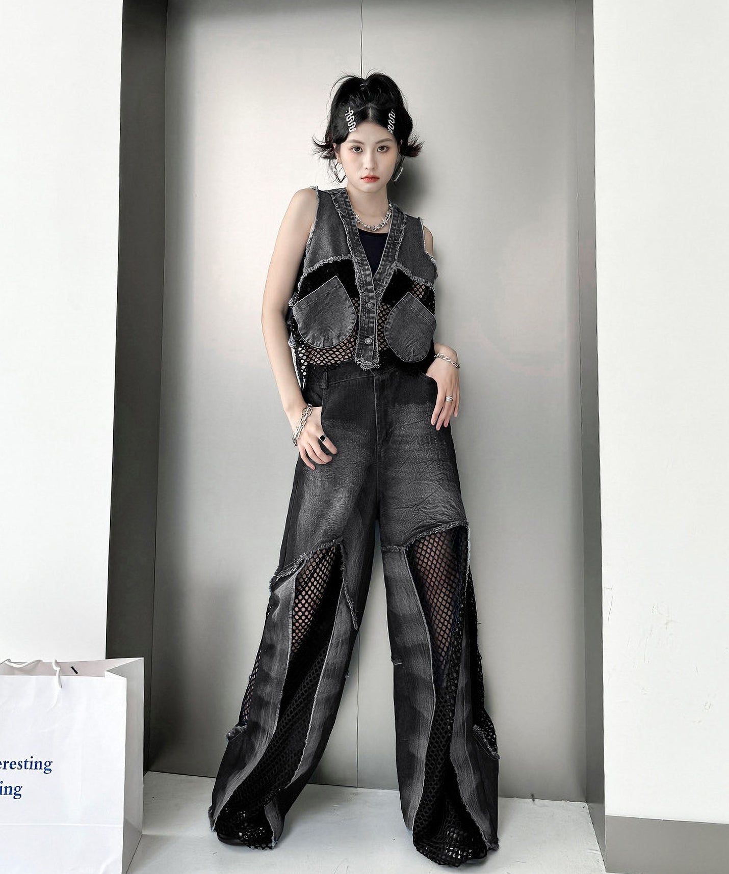 Mesh denim pants