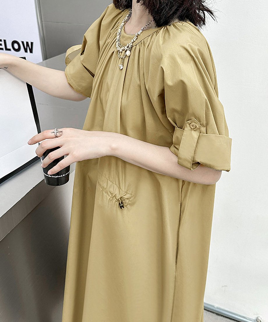 Rolled Sleeve Lace-Up Dress