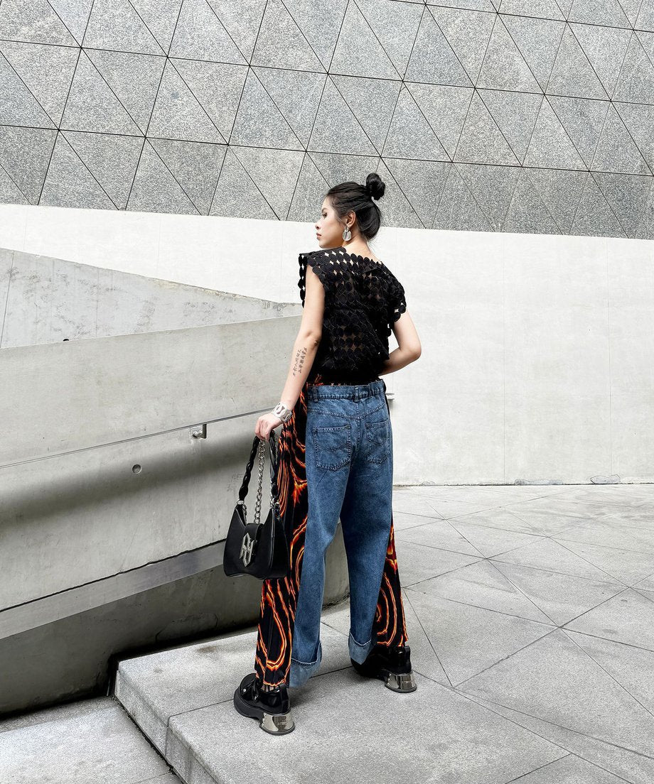 Side pleated denim pants
