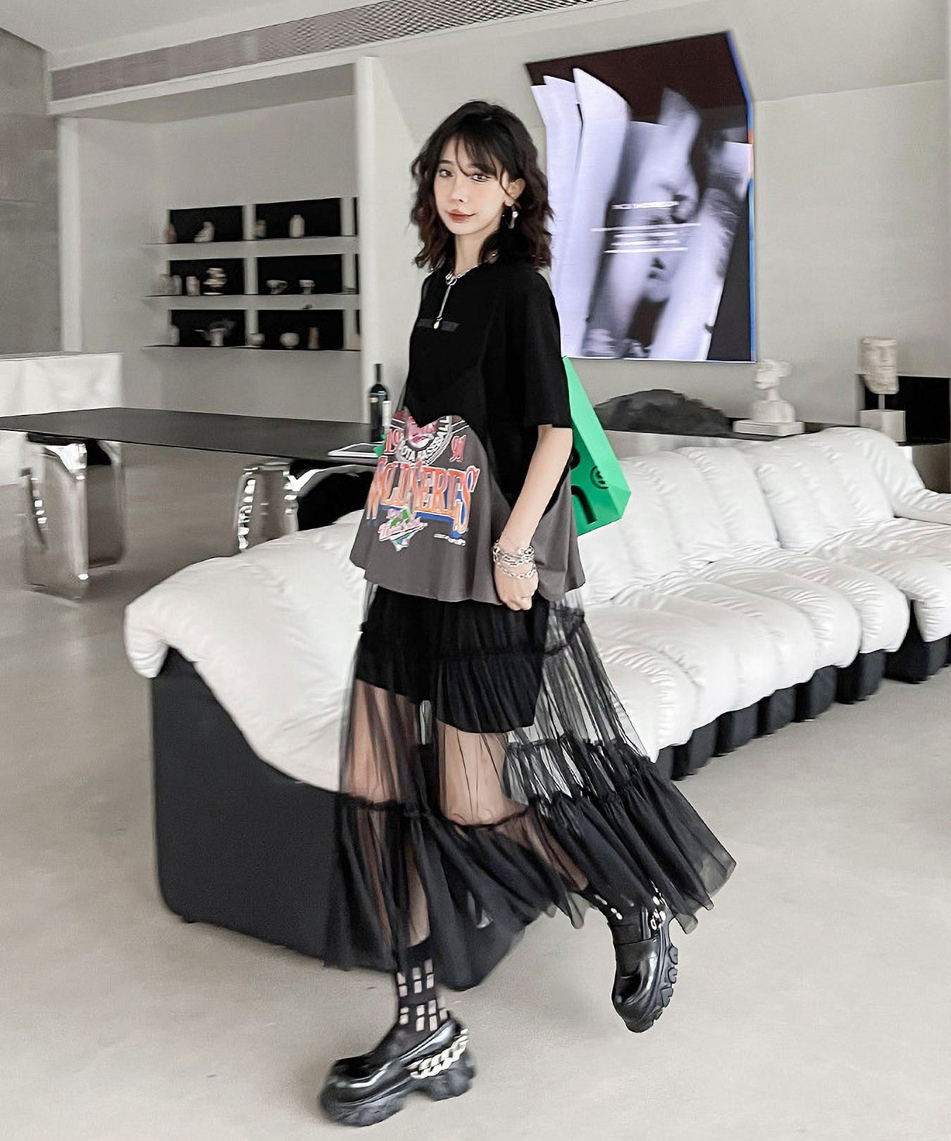 Loose T-shirt and mesh dress