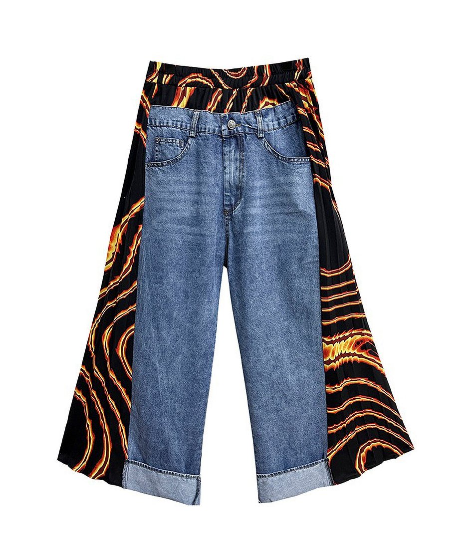 Side pleated denim pants