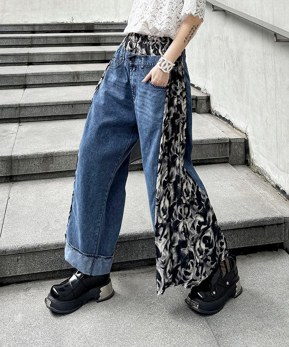 Side pleated denim pants