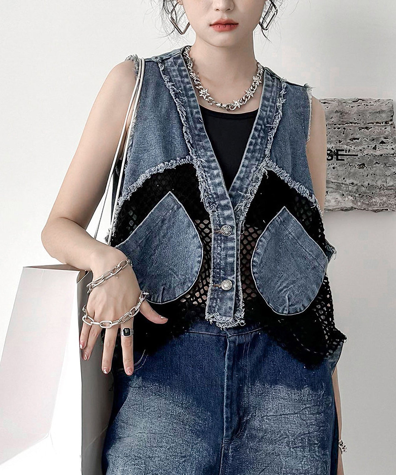 mesh denim vest