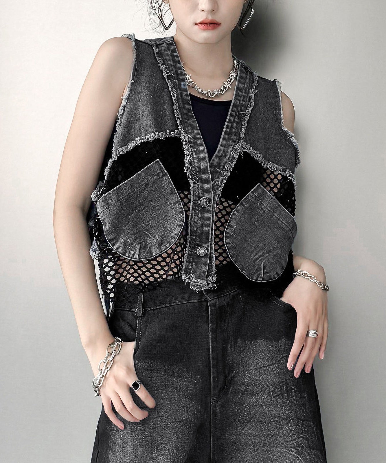 mesh denim vest