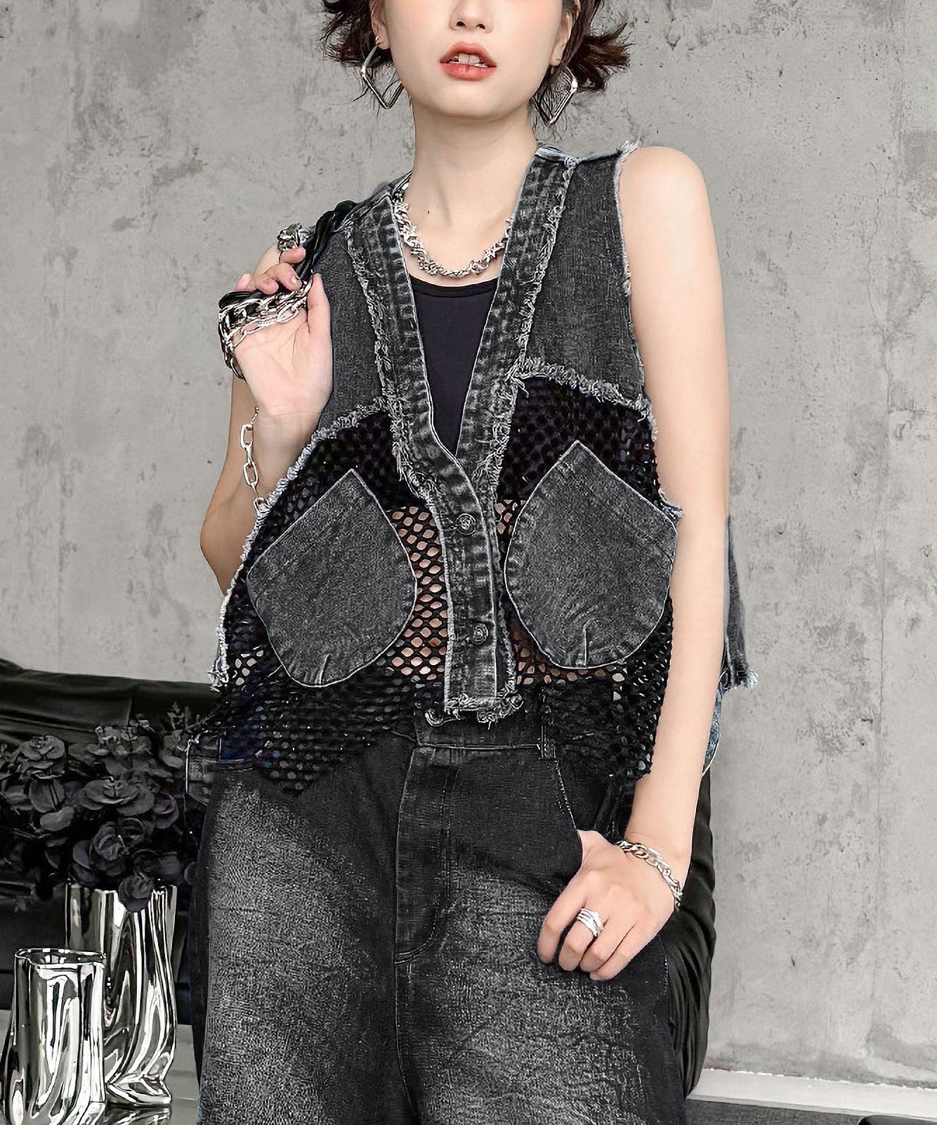 mesh denim vest