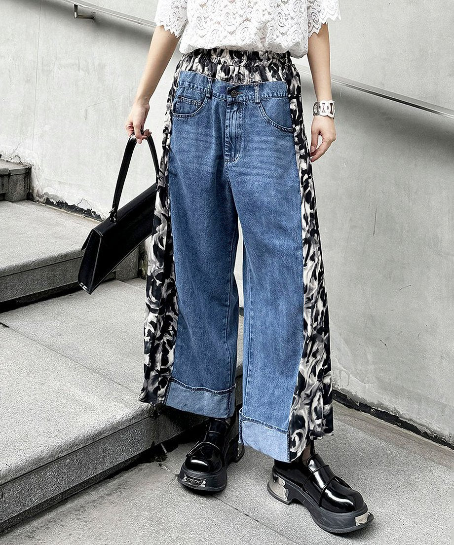 Side pleated denim pants
