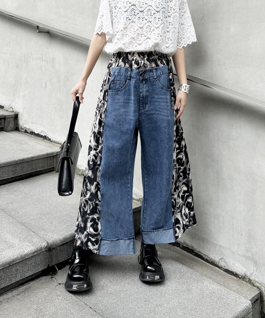 Side pleated denim pants