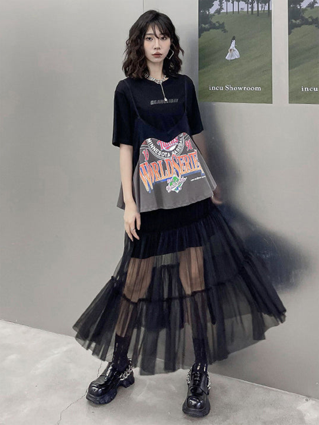 ルーズTシャツ＆メッシュドレス